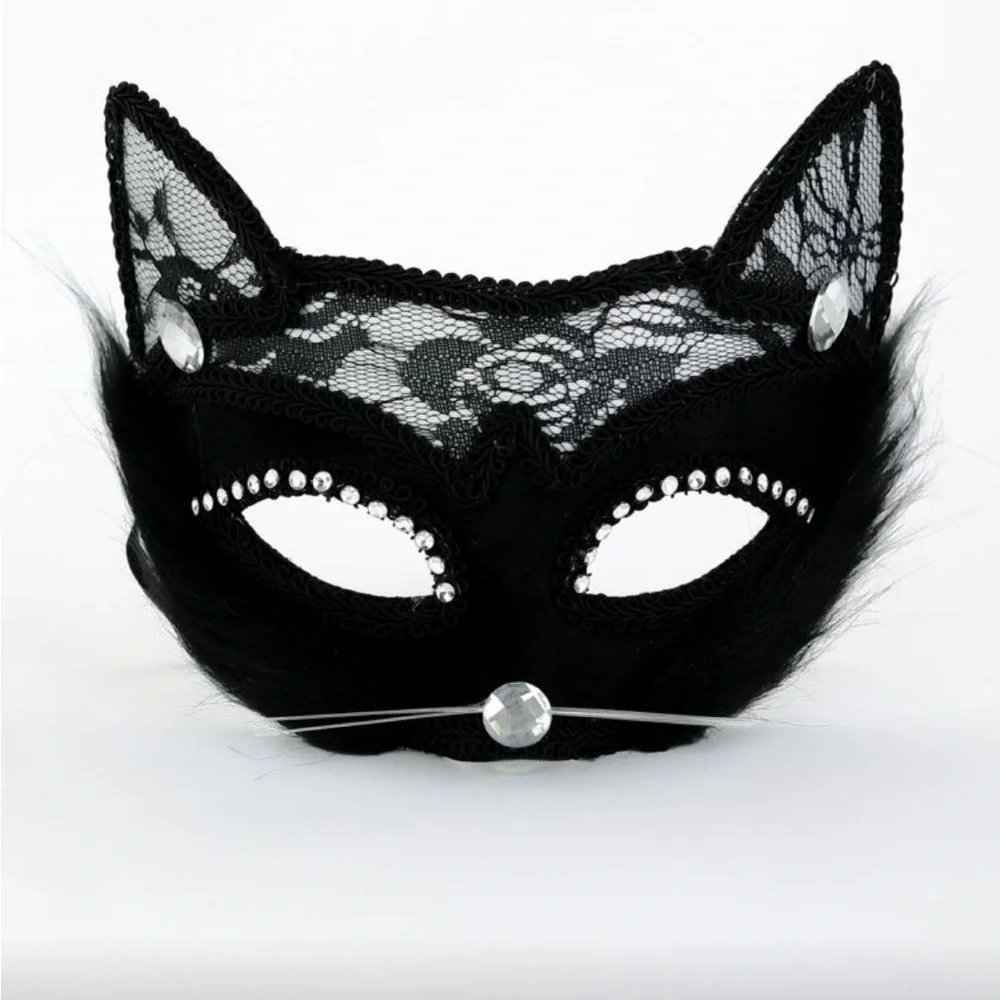 Black Cat Lace Mask with Rhinestones